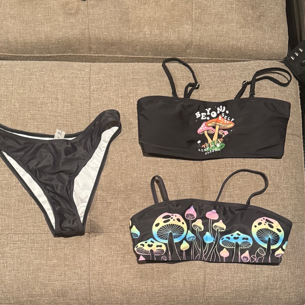 Mushrooms Black and Multicolor Bikini Set